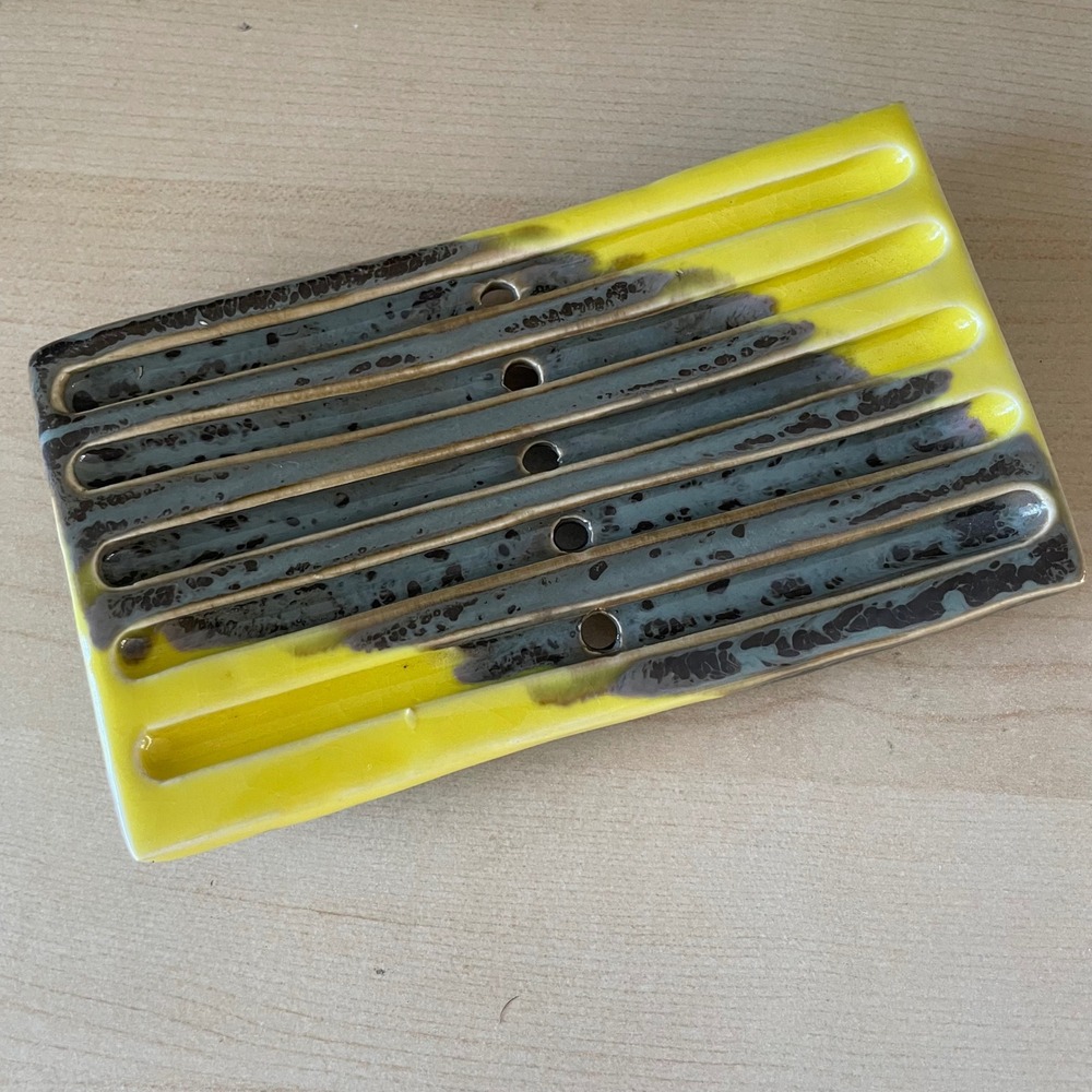 Handmade Ceramic Soap Dish Pottery Yellow Blue Multi Drain Holes Hand‎ Crafted